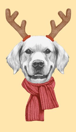 Photo for Portrait of Golden Retriever with Christmas Antlers. Hand-drawn illustration. - Royalty Free Image