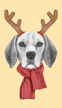 Téléchargez les photos : Portrait de Beagle avec des bois de Noël. Illustration dessinée à la main. - en image libre de droit