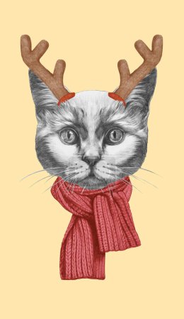Téléchargez les photos : Portrait du chat à poil court britannique avec des bois de Noël. Illustration dessinée à la main. - en image libre de droit