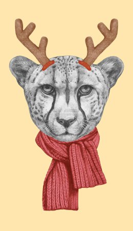 Photo for Portrait of Cheetah with Christmas Antlers. Hand-drawn illustration. - Royalty Free Image
