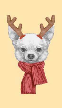 Téléchargez les photos : Portrait de Chihuahua avec des bois de Noël. Illustration dessinée à la main. - en image libre de droit