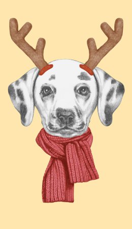 Photo for Portrait of Dalmatian with Christmas Antlers. Hand-drawn illustration. - Royalty Free Image