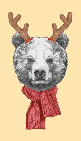 Photo for Portrait of Brown Bear with Christmas Antlers. Hand-drawn illustration. - Royalty Free Image