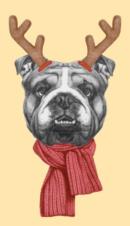 Foto de Retrato de Bulldog Inglés con Cornamenta de Navidad. Ilustración dibujada a mano. - Imagen libre de derechos
