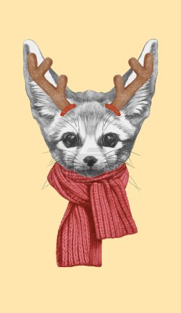 Photo for Portrait of Fennec Fox with Christmas Antlers. Hand-drawn illustration - Royalty Free Image