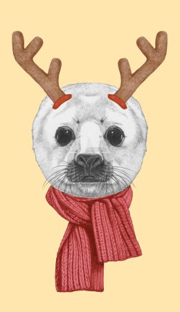 Téléchargez les photos : Portrait de bébé phoque à fourrure avec bois de Noël. Illustration dessinée à la main. - en image libre de droit