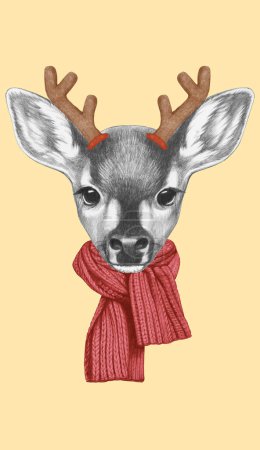 Photo for Portrait of Fawn with Christmas Antlers. Hand-drawn illustration. - Royalty Free Image