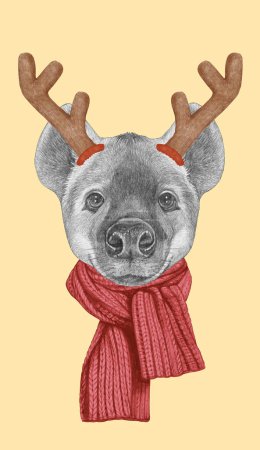 Foto de Retrato de hiena con cuernos de Navidad. Ilustración dibujada a mano. - Imagen libre de derechos
