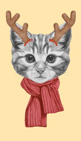 Photo for Portrait of Kitten with Christmas Antlers. Hand-drawn illustration. - Royalty Free Image
