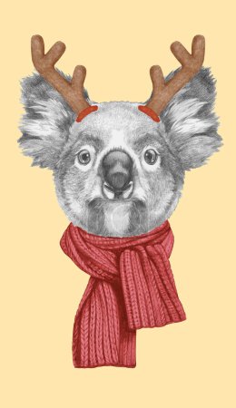 Téléchargez les photos : Portrait de Koala avec des bois de Noël. Illustration dessinée à la main. - en image libre de droit