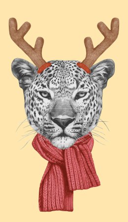 Photo for Portrait of Leopard with Christmas Antlers. Hand-drawn illustration. - Royalty Free Image
