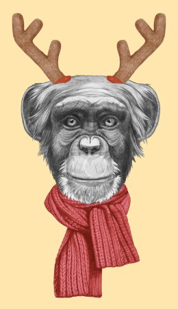 Photo for Portrait of Monkey with Christmas Antlers. Hand-drawn illustration. - Royalty Free Image