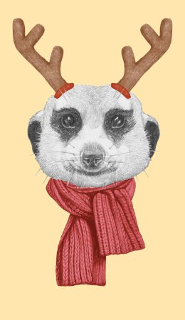 Téléchargez les photos : Portrait de Meerkat avec des bois de Noël. Illustration dessinée à la main. - en image libre de droit