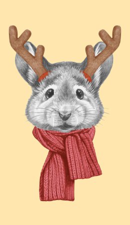 Photo for Portrait of Mouse with Christmas Antlers. Hand-drawn illustration. - Royalty Free Image