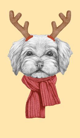Photo for Portrait of Havanese with Christmas Antlers. Hand-drawn illustration. - Royalty Free Image