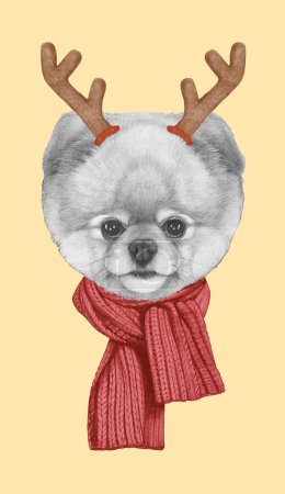 Photo for Portrait of Pomeranian with Christmas Antlers. Hand-drawn illustration. - Royalty Free Image