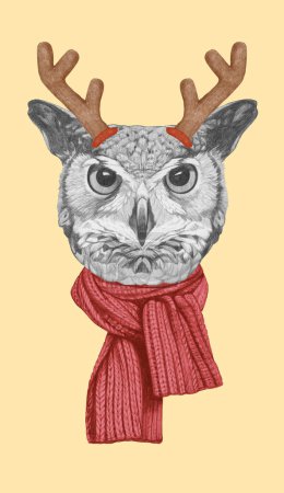 Photo for Portrait of Owl with Christmas Antlers. Hand-drawn illustration. - Royalty Free Image