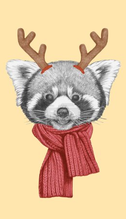 Téléchargez les photos : Portrait de panda rouge avec des bois de Noël. Illustration dessinée à la main. - en image libre de droit