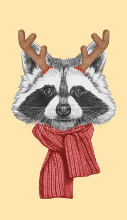 Photo for Portrait of Raccoon with Christmas Antlers. Hand-drawn illustration. - Royalty Free Image