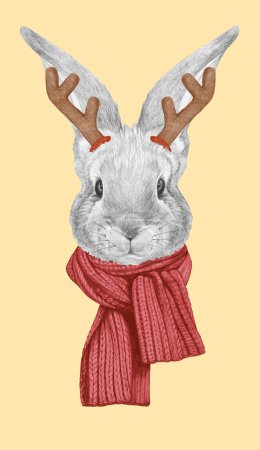 Photo for Portrait of Rabbit with Christmas Antlers. Hand-drawn illustration. - Royalty Free Image