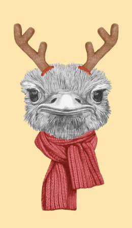 Photo for Portrait of Ostrich with Christmas Antlers. Hand-drawn illustration. - Royalty Free Image
