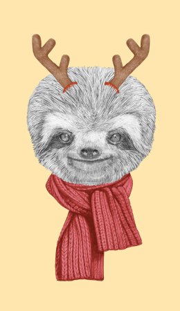 Téléchargez les photos : Portrait de paresseux avec des bois de Noël. Illustration dessinée à la main. - en image libre de droit