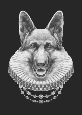 Téléchargez les photos : Portrait de chien de berger avec collier élisabéthain. Illustration dessinée à la main - en image libre de droit