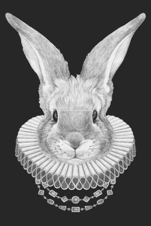 Téléchargez les photos : Portrait de lapin avec collier élisabéthain. Illustration dessinée à la main - en image libre de droit