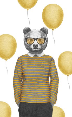 Photo for Portrait of Bear in striped top with glasses. Hand-drawn illustration, digitally colored. - Royalty Free Image
