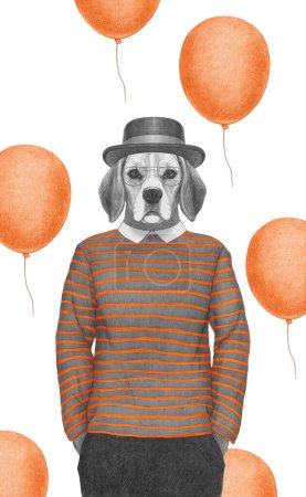 Photo for Portrait of Beagle in striped top with glasses and hat. Hand-drawn illustration, digitally colored. - Royalty Free Image