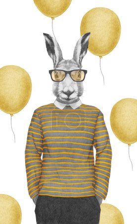 Photo for Portrait of Hare in striped top with glasses. Hand-drawn illustration, digitally colored. - Royalty Free Image