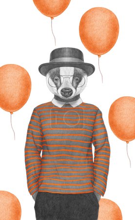Photo for Portrait of Badger in striped top with glasses and hat. Hand-drawn illustration, digitally colored. - Royalty Free Image