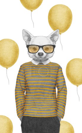 Téléchargez les photos : Portrait de Chihuahua en haut rayé avec des lunettes. Illustration dessinée à la main, couleur numérique. - en image libre de droit