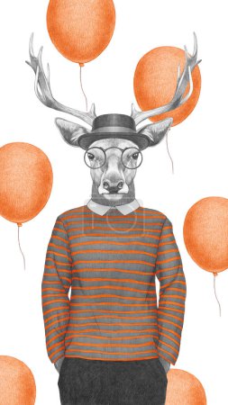 Téléchargez les photos : Portrait de cerf en haut rayé avec lunettes et chapeau. Illustration dessinée à la main, couleur numérique. - en image libre de droit