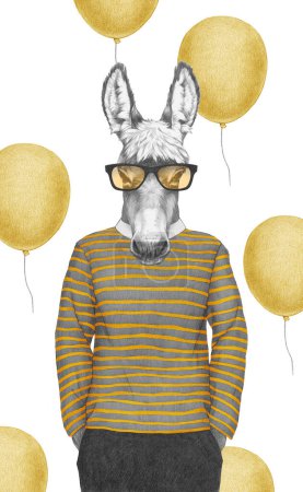 Photo for Portrait of Donkey in striped top with glasses. Hand-drawn illustration, digitally colored. - Royalty Free Image
