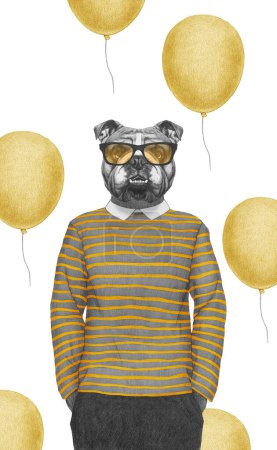 Foto de Retrato de Bulldog inglés en top a rayas con gafas. Ilustración dibujada a mano, de color digital. - Imagen libre de derechos