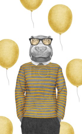 Photo for Portrait of Hippopotamus in striped top with glasses. Hand-drawn illustration, digitally colored. - Royalty Free Image