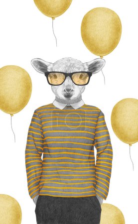 Photo for Portrait of Lamb in striped top with glasses. Hand-drawn illustration, digitally colored. - Royalty Free Image