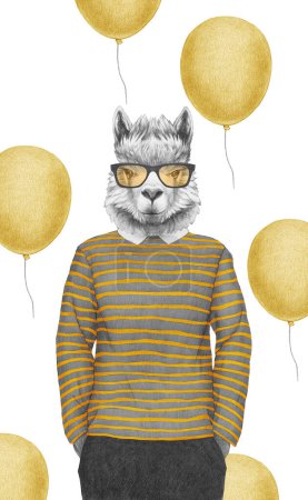 Foto de Retrato de Llama en top a rayas con gafas. Ilustración dibujada a mano, de color digital. - Imagen libre de derechos