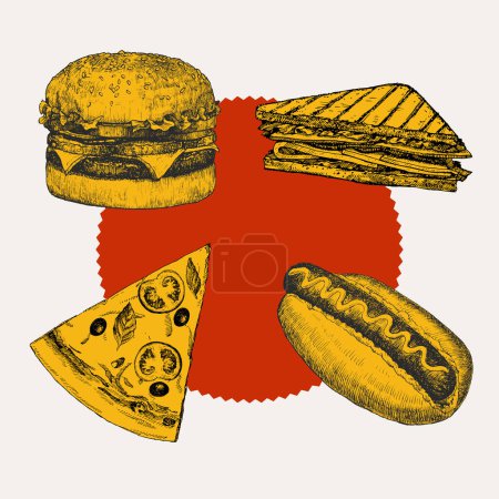Ilustración de Menú de comida rápida. Ilustración dibujada a mano de platos. Tinta. Vector - Imagen libre de derechos