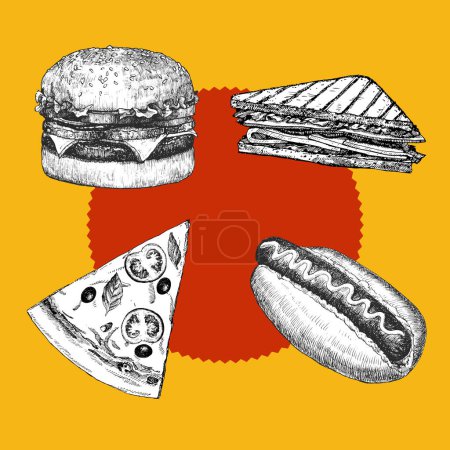 Ilustración de Menú de comida rápida. Ilustración dibujada a mano de platos. Tinta. Vector - Imagen libre de derechos