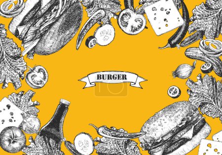 Ilustración de Menú de hamburguesas. Ilustración dibujada a mano de platos y productos. Tinta. Vector - Imagen libre de derechos