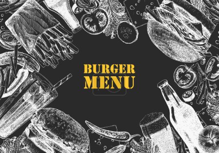 Téléchargez les illustrations : Menu burger. Illustration dessinée à la main de plats et produits. Encre. Vecteur - en licence libre de droit