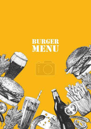 Illustration for Burger Menu. Hand-drawn illustration of dishes and products. Ink. Vector - Royalty Free Image