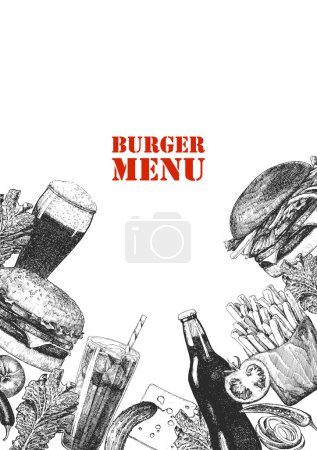 Téléchargez les photos : Menu burger. Illustration dessinée à la main de plats et produits. Encre. Vecteur - en image libre de droit