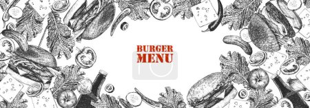 Ilustración de Menú de hamburguesas. Ilustración dibujada a mano de platos y productos. Tinta. Vector - Imagen libre de derechos