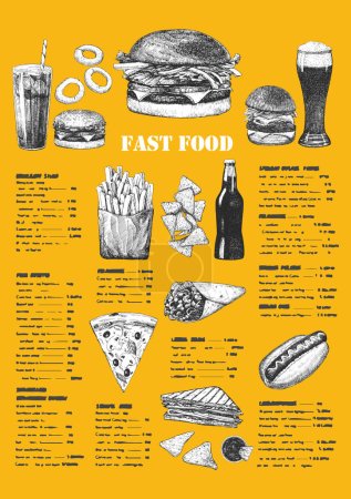 Téléchargez les illustrations : Menu Fast Food. Illustration dessinée à la main de plats et produits. Encre. Vecteur - en licence libre de droit