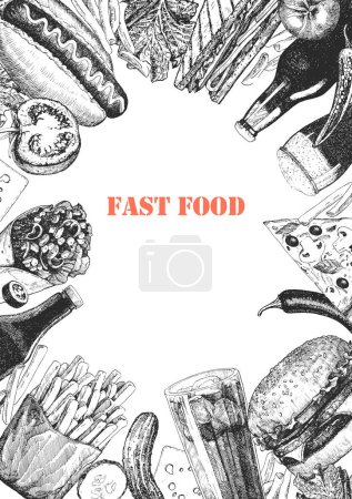 Ilustración de Menú de comida rápida. Ilustración dibujada a mano de platos y productos. Tinta. Vector - Imagen libre de derechos