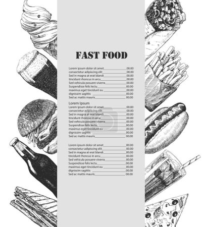 Ilustración de Menú de comida rápida. Ilustración dibujada a mano de platos y productos. Tinta. Vector - Imagen libre de derechos