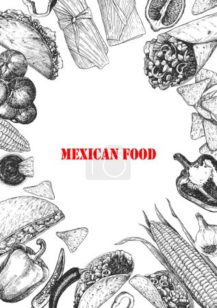 Téléchargez les illustrations : De la nourriture mexicaine. Au menu. Illustration dessinée à la main de plats et produits. Encre. Vecteur - en licence libre de droit